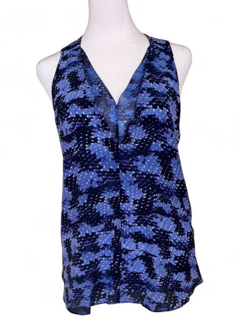 Rebecca Taylor Blue & Black Abstract V-Neck 100% Silk Tank